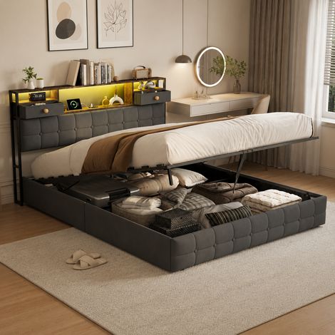 Lit coffre 160×200cm avec lumière LED, lit capitonné avec ports USB et Type-C, lit double avec tiroirs, rangement dans la tête de lit, Sommier à lattes, lit adulte, Velours, Gris