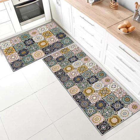 Set of 2 Non-Slip Washable Kitchen Rugs with Non-Slip Stickers for Kitchen, Hallway, Bedroom, Bathroom (Style Q, 43 x 75 + 43 x 150 cm) (1/5)
