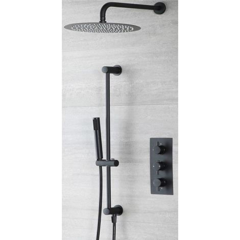 Milano Nero 2 Outlet Triple Thermostatic Mixer Shower Valve with Hand Shower Handset Slide Riser Rail Kit and Wall Mounted Round Rainfall Shower Head - Black (1/5)
