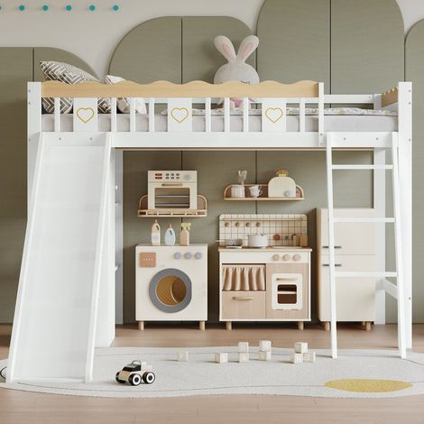 Lit mezzanine enfant 90 x 200 cm avec toboggan, Lit superposé enfant rangements sous le lit : placard et armoire, 4 garde-corps avec motifs exquis, gain de place pour chambre d'enfant