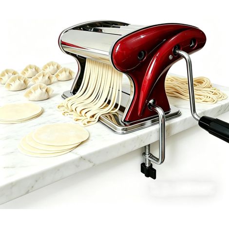 Manual Pasta Machine Noodle and Spaghetti Press Machine Built-in 2mm and 4mm Cutters for Family Use Red Stainless Steel