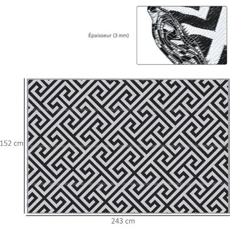 Tapis extérieur noir blanc 152x243cm, réversible bord anti-effilochage (1/4)