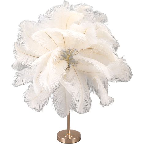 Lampe de table rechargeable en plumes d'autruche, style moderne et romantique, idéale pour la décoration de chambre ou d'intérieur (blanche). (1/5)
