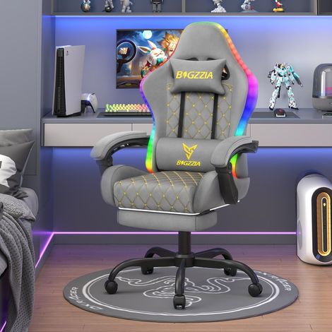RGB Gaming Chair Reclining Footrest Ergonomic PU Leather Grey (1/5)