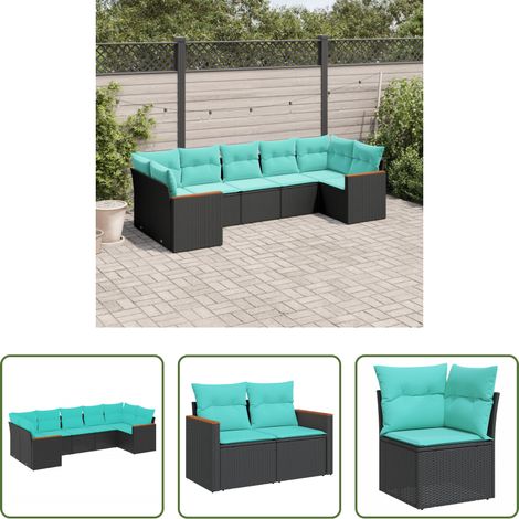 Gartenmöbel - 7-teiliges Gartensofa-Set mit Kissen, schwarzes Polyrattan (1/5)