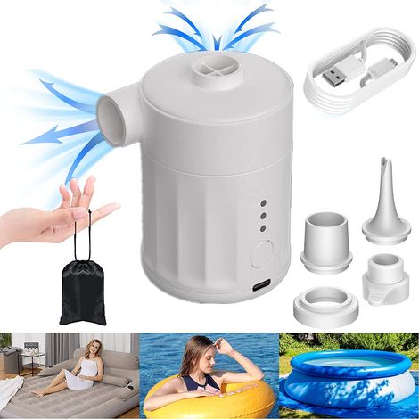 Tragbare elektrische Luftpumpe für Aufblasartikel, wiederaufladbare Luftpumpe für aufblasbare Matratzen – 2-in-1-Minipumpe mit 4 Düsen und Aufbewahrungstasche – für Luftbett, Schwimmbecken