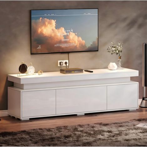 Meuble TV 150x35x43 cm en panneaux de particules blanc, LED et rangement pour petit salon – MEUBLIV (1/5)