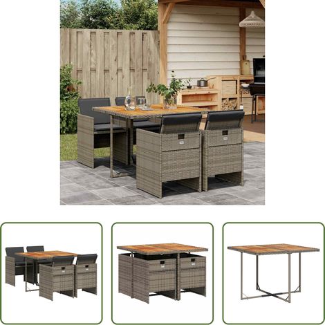 Chaises de jardin - Ensemble à manger de jardin 5 pcs coussins gris résine tressée (1/5)