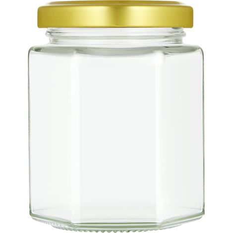 196ml/7oz Jam Jars with Lids Pack of 36 Hexagonal Jam Jars Glass Honey Jars Pickles Chutneys Storage with Screw Gold Lids