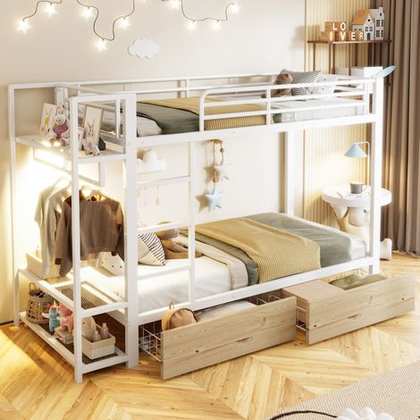 MEUBLIV Etagenbett 90x200 cm Weiß – mit LED, Stauraum und ohne Matratze (1/5)