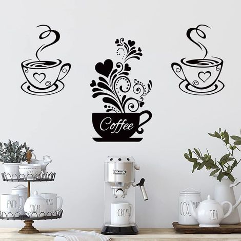 Stickers Muraux Tasse à Café Cuisine Décor Autocollants Stickers Autocollant Mural Amovible Tasses à Café Décoration Murale pour la Maison Cuisine Salle à Manger Salon Bar café Noir (1/5)