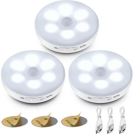 Veilleuse LED automatique 3 pièces, lampe à détecteur de mouvement, autocollante, rechargeable par USB (1/4)