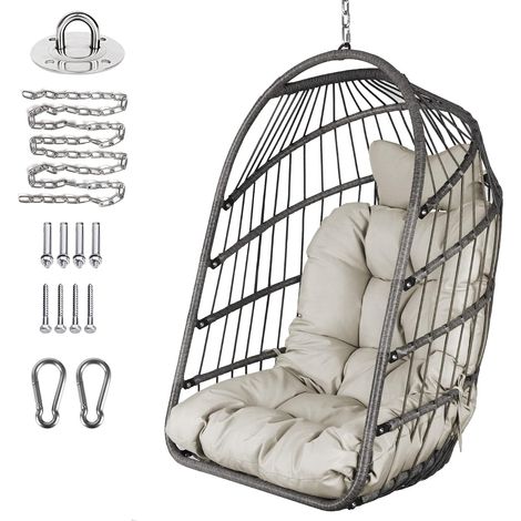 Chaise Oeuf Pliable en Osier rotin Suspendue Chaise balançoire Intérieur extérieur Patio Chaise en Osier Hamac avec kit de Suspension en Acier Inoxydable Coussin résistant aux UV (1/5)