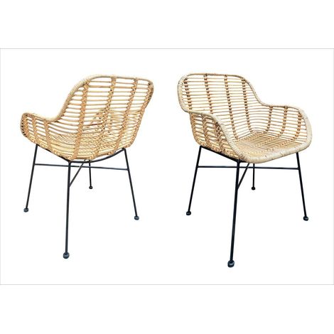 Lot de 2 Fauteuils en Rotin Naturel avec Pieds en Métal Noir pour Salon et Terrasse - PANGIVO (1/5)