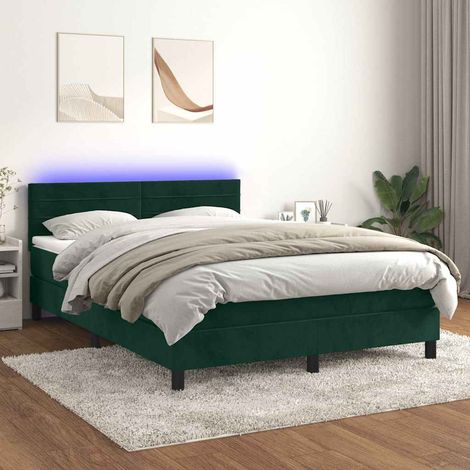 Cama box spring colchón y LED terciopelo verde oscuro 140x200cm (1/5)