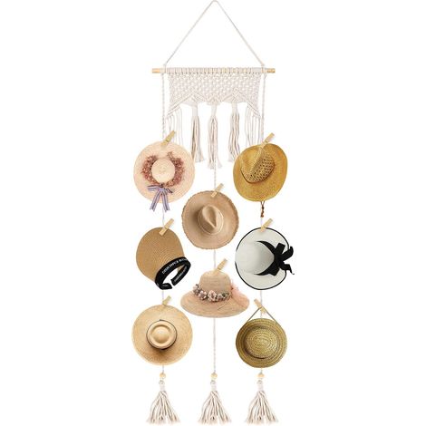 Kaelt - Support de rangement pour chapeau en bois avec 10 clips avec support de rangement mural pour chapeau à pompons (1/5)