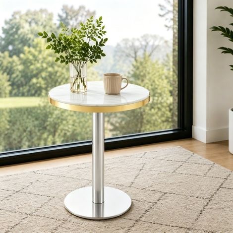 Tavolino Rotondo con Base Centrale, Piano effetto Marmo e Bordo in Metallo Dorato, Salotto, 60 × 73.7 cm, MDF, Bianco (1/5)