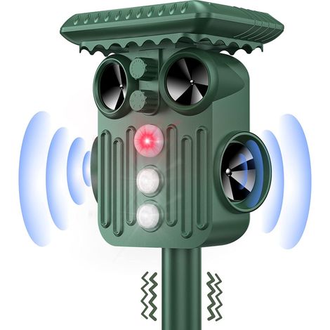 Repelente ultrasónico solar gatos exteriores IP66, luz LED intermitente, ahuyenta mascotas/serpientes (1/5)