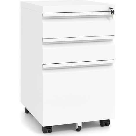 Caisson de Bureau, Caisson à Roulette avec Frein, 3 Tiroirs, Casier Verrouillable, Métal, Dossier Suspendu A4, Boîte de Rangement, pour Fichier, Blanc (1/5)