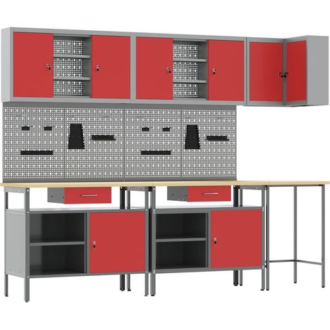 Arbeitsschrankset mit Schubladen mit Regal 10 pcs Rot und Grau (1/5)