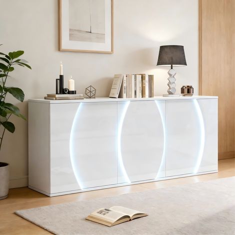 Credenza in truciolare con LED e 3 ante, bianca, 150x40x70 cm (1/5)