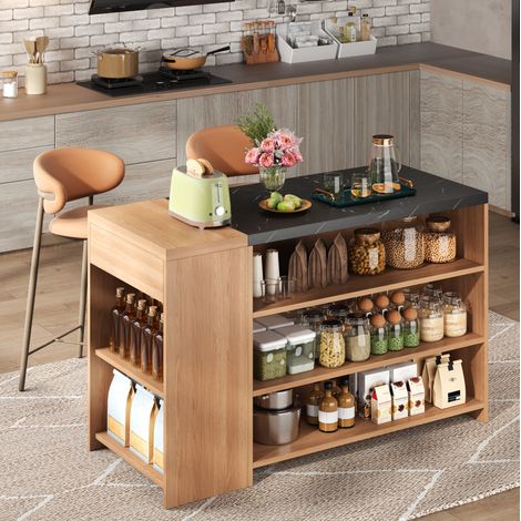 Isla de cocina con barra y mesa de comedor 140x60x90 cm MDF negro efecto mármol y natural OKWISH (1/5)
