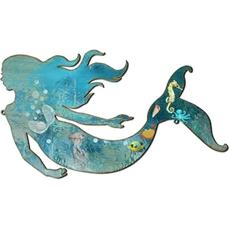 Décoration murale sirène en métal, style rustique, à suspendre. Sirène bleue en métal, élégante. (1/5)