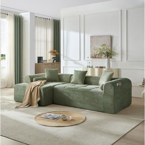 Divano angolare trapuntato, seduta con molle e schiuma ad alta densità, tasca laterale, chenille verde (1/5)