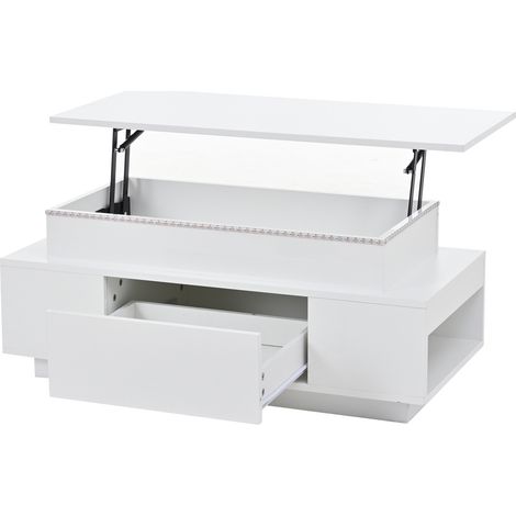 Mesa de centro elevable blanca con almacenaje oculto, cajón y LED, 96 x 45 x 40 cm (1/5)