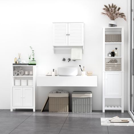 Mobiletto da bagno a parete Kleankin con 2 ante a persiana, ripiano interno e portasciugamani, mobiletto ausiliario moderno e multifunzionale da appendere per cucina, 60x23x60 cm, bianco (1/5)