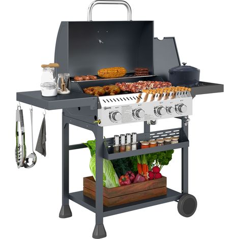 Five-Burner Steel Gas Grill, with Thermometer - Black