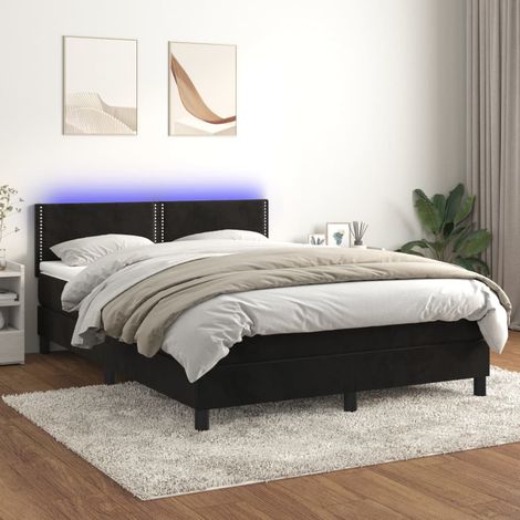 Sommier tapissier avec matelas et LED  Lit adulte Contemporain Noir 140x190 cm Velours 79964