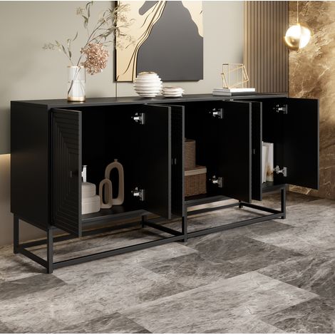 Credenza 160x38x75.5 cm, 3 ante doppie, finitura opaca, struttura a rilievo, in truciolare, nera (1/5)