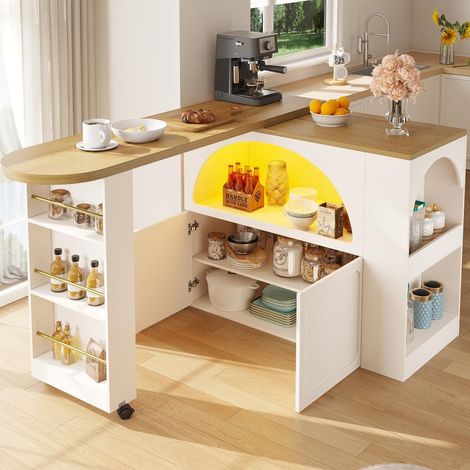 Table de Bar Extensible avec Espace de Rangement et Éclairage LED, Îlot de Cuisine Mobile et Rétractable avec Design à Porte Cintrée, Grand Bureau Moderne et Fonctionnel, 135-205x39x100 cm , Blanc (1/5)