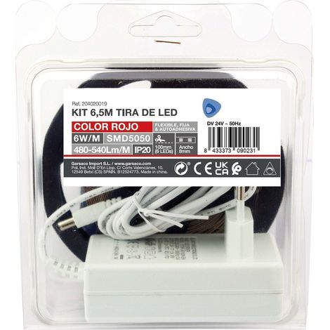 Kit de bande LED rouge 6,5 m, 6 W/m, IP20, prêt à l'emploi