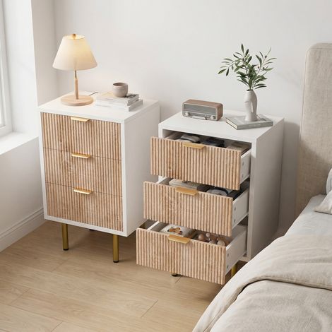 Lot de 2 table de chevet, 3 tiroirs, table d’appoint 40cm, design strié bois et blanc, pieds dorés, meuble de rangement, pour chambre, salon, entrée, style scandinave, Chêne clair