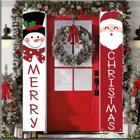 Bannière décorative à carreaux avec le Père Noël et un nouveau couplet de Noël 2026 - 180 x 30 cm - SDJDL-39