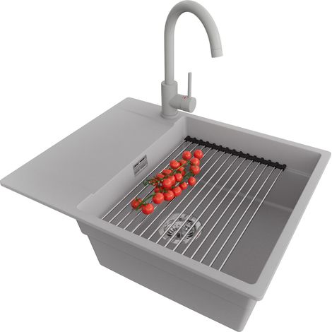 PRIMAGRAN Evier Cuisine en Granit 62x50cm, Lavabo 1 bac + Robinet 32x20cm + Kit de Vidage + Accessoire, Évier à Encastrer au meuble 50cm - San Francisco, Gris (1/5)