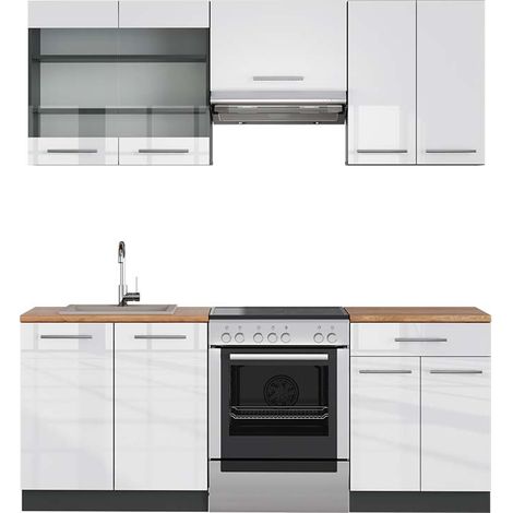 Cuisine Fame-Line, Blanc brillant/Anthracite, 200 cm , PT Chêne, Vicco