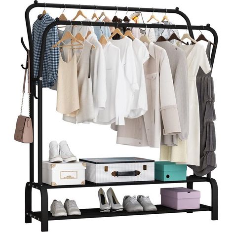 Portant autoportant – Double tringle + rangement inférieur + 4 crochets – Métal noir – 110x33x150 cm (1/5)