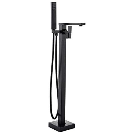 Rubinetto per vasca con doccetta a cascata, miscelatore a pavimento autoportante, miscelatore per isola vasca con maniglia, nero (attacco interno) (1/5)