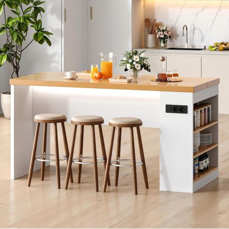 MEUBLIV Îlot de cuisine 155x80x90 cm blanc – LED, prises USB, 3 étagères ouvertes (1/5)