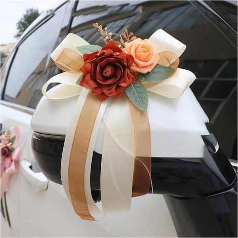 Lot de 6 nœuds pour rétroviseur de voiture - Simulation fleur - Décoration de voiture de mariage - Nœuds de chaise faits à la main - Pour décoration de mariage - Orange (1/5)