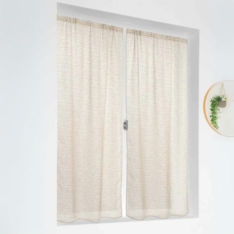 Paire de petits voilages poly-lin-coton à fines rayures Bleu 55x120 cm (1/3)
