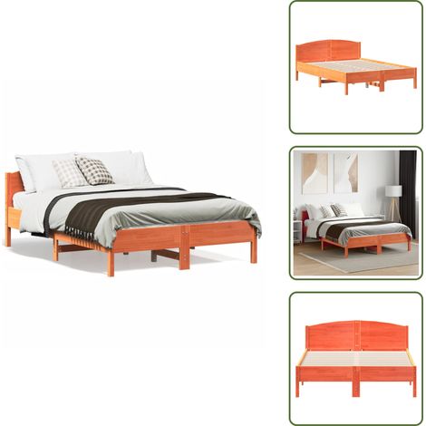 The Living Store Cadre de lit sans matelas cire marron 135x190cm bois pin massif - Cadre De Lit - Lit Double - Lit En Bois - Bois De Pin - Tête De Lit