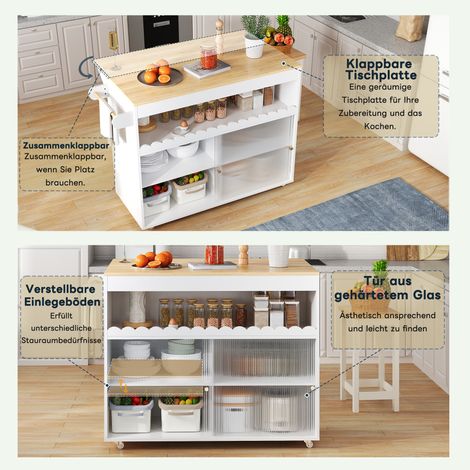 Chariot de cuisine escamotable, 122 x 46 (69) x 91 cm, plan de travail stratifié chêne, portes vitrées coulissantes, tablettes modulables, porte-essuie-tout, îlot roulant spacieux (1/5)
