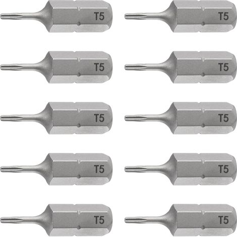 Lot de 10 embouts de tournevis Torx T5, tête magnétique à 6 pointes de 25 mm avec tige hexagonale de 6,35 mm, embouts de tournevis électriques en acier S2 pour réparation de perceuse-visseuse (1/5)