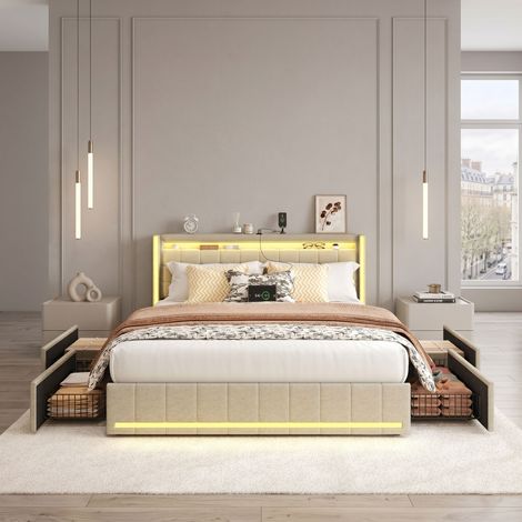 Lit coffre 180x200 cm, Lit double avec USB et Type-C, Lumière LED, Lit capitonné avec 4 tiroirs, Lit Adulte, Lin, (180x200 cm, Beige) (1/5)