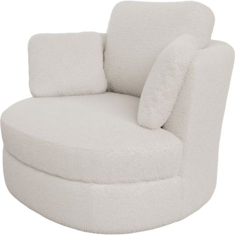 Fauteuil XXL moderne en Sherpa ivoire avec coussins séparés et assise haute résilience, pivotant 360° (1/5)
