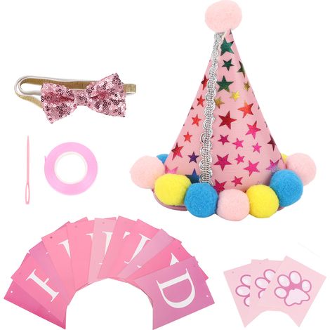 Chapeau et nœud papillon ajustables pour chien, jolis accessoires doux pour un anniversaire de chien, décorations roses (1/5)